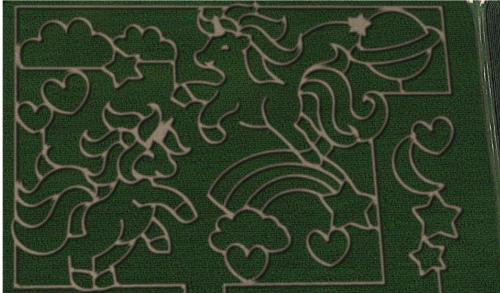 Line art of two unicorns, rainbows, hearts, and clouds on a green background.