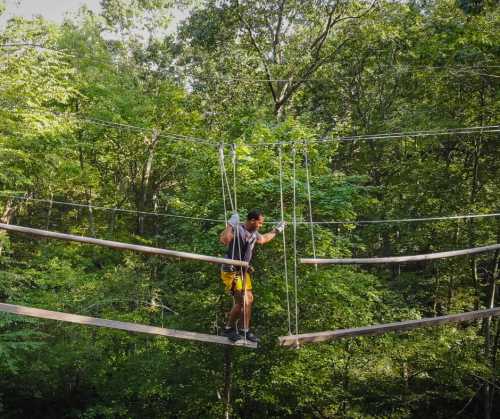 A person navigates a high ropes course among lush green trees, balancing on wooden beams.