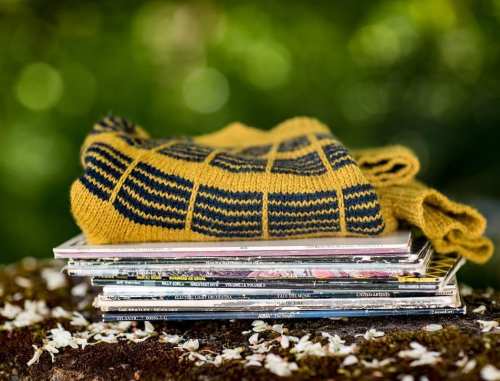 A stack of magazines topped with a yellow and navy patterned sweater, resting on a mossy surface with blurred greenery in the background.
