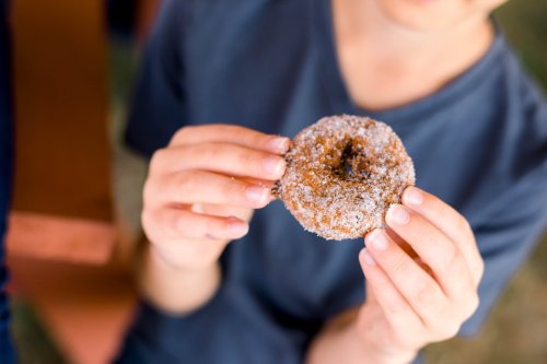 A person holds a sugar-coated donut, with a blurred background of a park or outdoor setting.