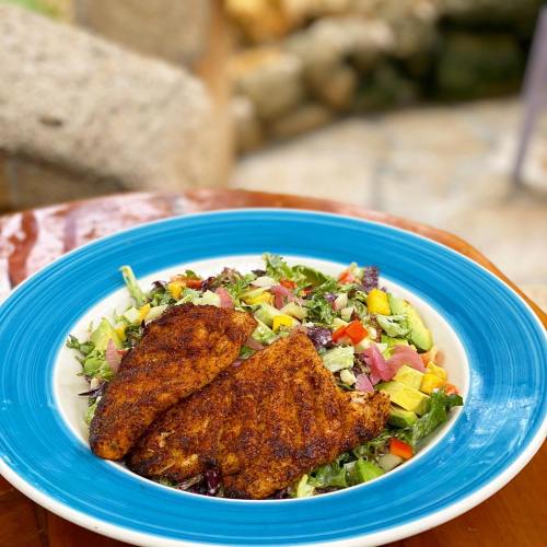 A vibrant salad topped with two pieces of seasoned fish, featuring mixed greens, avocado, and colorful vegetables.