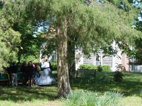 A group of people in historical attire gathered near a tree in a green park, with a log cabin visible in the background.