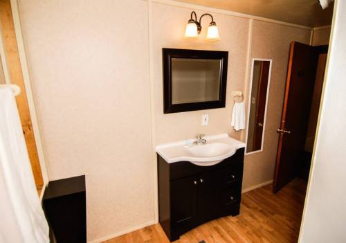 A clean bathroom featuring a dark vanity, mirror, and light fixtures, with light-colored walls and wooden flooring.