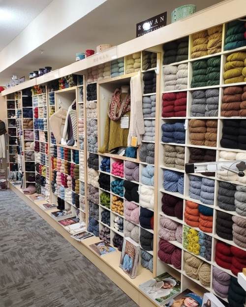 A colorful display of yarn in various shades neatly organized on shelves, with magazines and knitted items nearby.