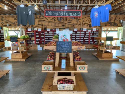 Interior of a fruit market with wooden displays, jars of preserves, and a sign for early star peaches priced at $10.
