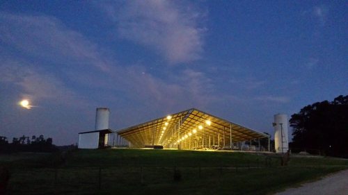 A well-lit barn at dusk, with a full moon in the sky and trees in the background.