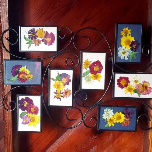 A decorative wall display featuring eight framed floral artworks in various colors, arranged on a metal holder.