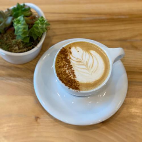 A latte in a white cup with a leaf design on top, next to a small potted succulent on a wooden table.
