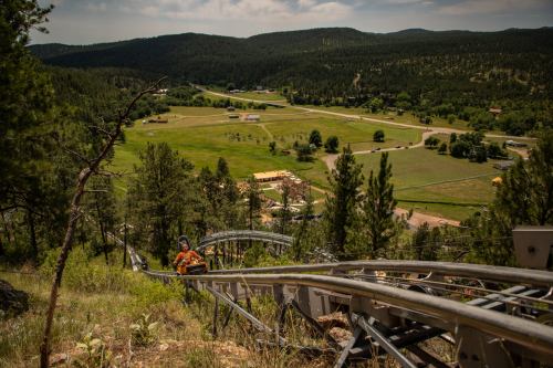 A person rides a mountain coaster down a hillside, overlooking a green valley and distant hills under a blue sky.