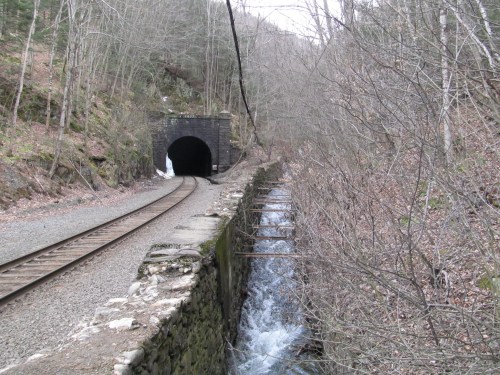 A railway track leads to a dark tunnel, with a stream flowing alongside and trees lining the rocky terrain.