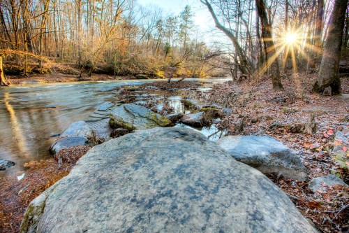 A serene river scene with sunlight filtering through trees, rocks lining the water, and autumn leaves scattered on the ground.