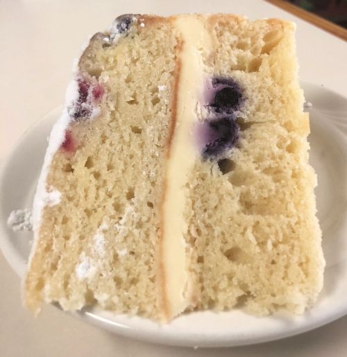 A slice of cake with a light yellow sponge, creamy filling, and blueberries, served on a small white plate.