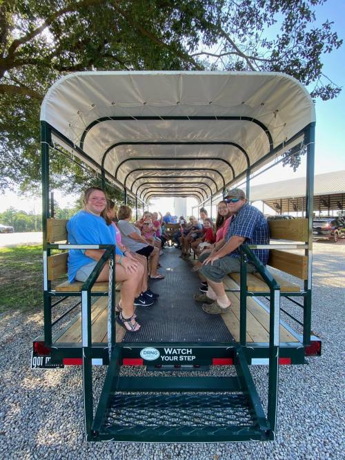 A group of people sitting on a trailer with benches, enjoying a sunny day outdoors. Trees are visible in the background.