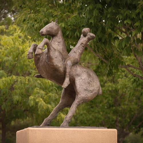A bronze sculpture of a rearing horse with a rider, set against a backdrop of green trees.