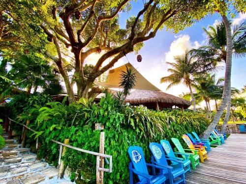 Tropical scene featuring a thatched-roof building surrounded by lush greenery and colorful chairs along a wooden path.
