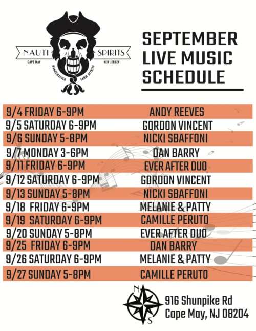 Live music schedule for September at Nauti Spirits, Cape May, featuring various artists and dates.