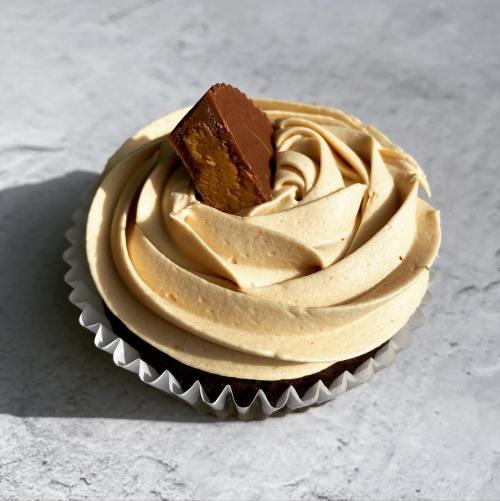A chocolate cupcake topped with swirls of creamy peanut butter frosting and a piece of chocolate on top.