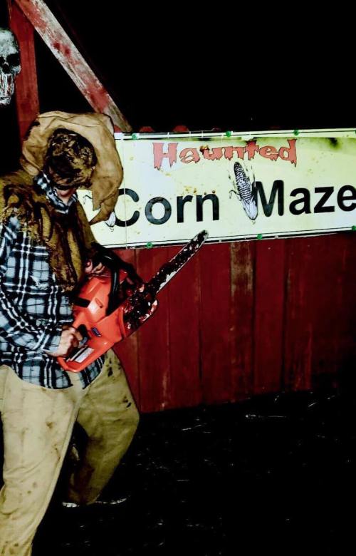 A person in a scarecrow costume holds a chainsaw near a "Haunted Corn Maze" sign at night.