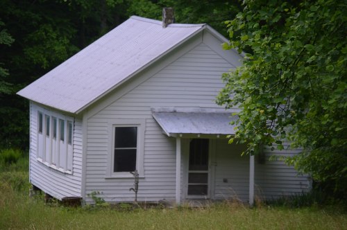 A small, weathered white house with a metal roof, surrounded by tall grass and trees.