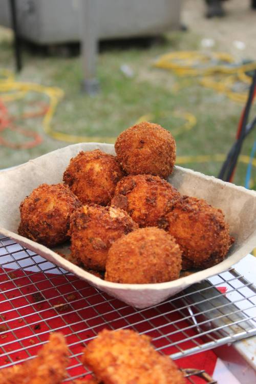 A tray of golden-brown, crispy fried balls arranged neatly, resting on a wire rack.
