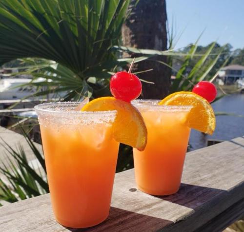Two colorful cocktails with orange slices and cherries, sitting on a wooden railing with palm trees in the background.