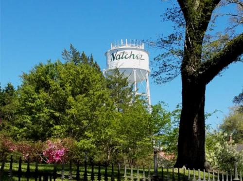 A water tower with "Watcher" written on it, surrounded by green trees and colorful flowers under a clear blue sky.