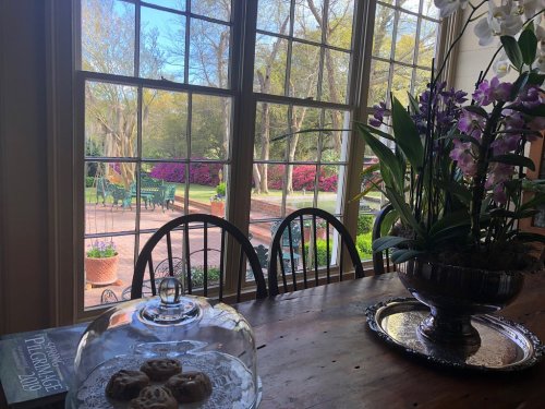 A cozy indoor scene with a view of a garden through large windows, featuring flowers and a plate of cookies on a table.