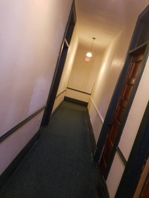 Narrow hallway with beige walls, green carpet, and doors on one side, leading to a light fixture at the end.