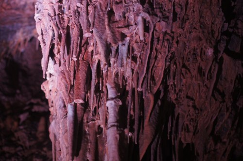 Stalactites and stalagmites in a dimly lit cave, showcasing intricate formations and textures.