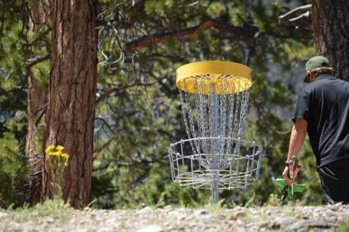 A person walks towards a yellow disc golf basket surrounded by trees in a sunny outdoor setting.