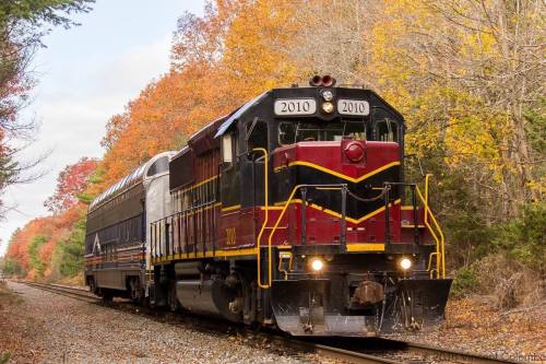 A vintage train with a red and black locomotive travels along a track surrounded by colorful autumn foliage.