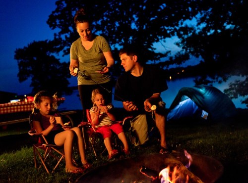 A family enjoys a campfire, roasting marshmallows, with a tent and lake in the background under a night sky.