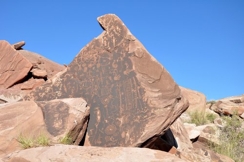 Petroglyphs etched on a large rock, surrounded by smaller stones and sparse grass under a clear blue sky.