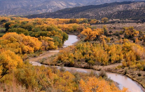 A winding river flows through a landscape of vibrant autumn trees and rolling hills under a clear sky.