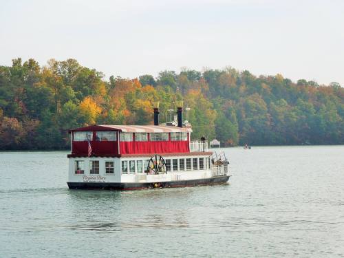 A paddleboat with a red canopy glides on a lake, surrounded by trees displaying autumn colors.