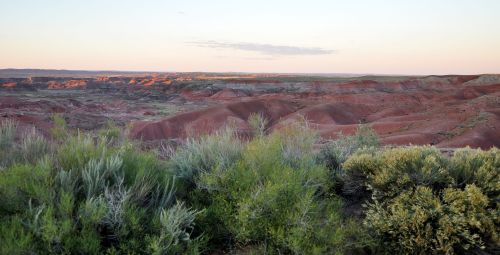 A scenic view of colorful, layered hills and valleys under a soft sunset sky, framed by green shrubs in the foreground.