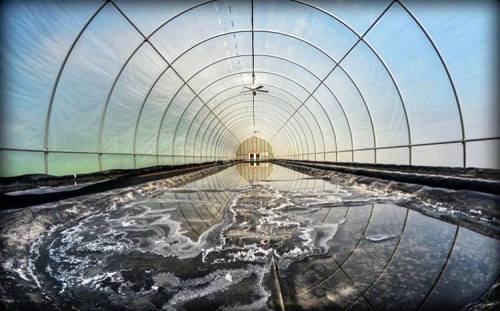 A wide view of an empty greenhouse with water pooling on the ground, reflecting the structure's curved frame.