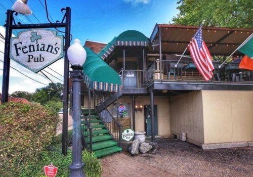 Exterior of Fenian's Pub featuring green awnings, a staircase, and flags, set in a welcoming outdoor environment.