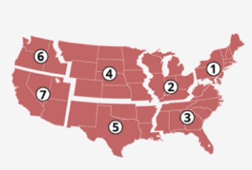 Map of the United States with numbered regions highlighted in red, indicating specific areas or zones.