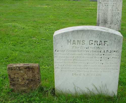 Gravestone of Hans Graf, inscribed with his name and dates, set in a grassy cemetery.