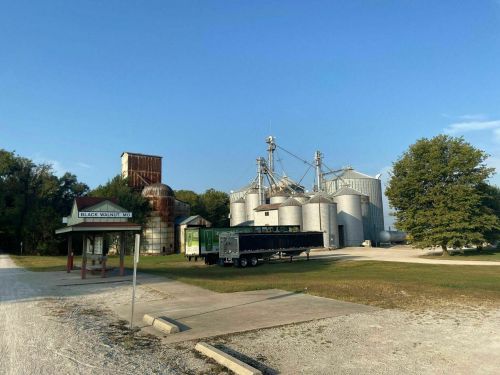 A grain storage facility with silos and a truck parked nearby, set against a clear blue sky and green trees.