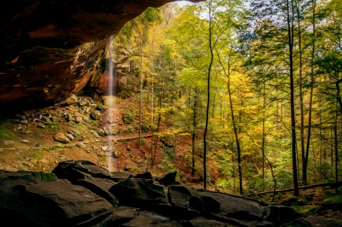A serene forest scene with a waterfall cascading from a rocky overhang, surrounded by vibrant autumn foliage.