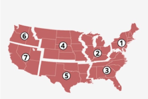 Map of the United States with numbered states highlighted in red, indicating specific regions or areas.
