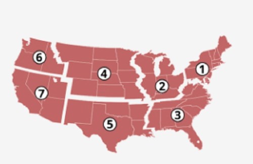 Map of the United States with numbered regions highlighted in red, indicating specific areas or data points.