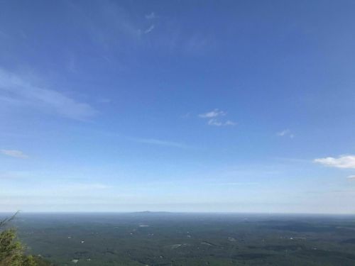 A panoramic view of a vast green landscape under a clear blue sky with a few clouds.