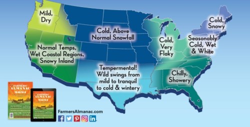 Map of the U.S. showing winter weather forecasts: mild, cold, snowy, and varying conditions across regions.