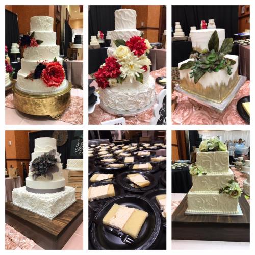 A collage of elegant wedding cakes adorned with flowers, displayed alongside plates of cake slices.