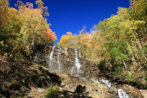 A scenic waterfall cascading down rocky cliffs, surrounded by vibrant autumn foliage under a clear blue sky.