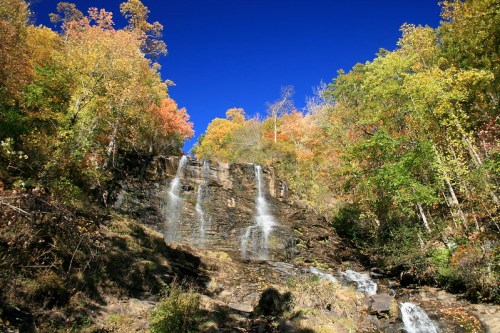 A scenic waterfall surrounded by vibrant autumn foliage under a clear blue sky.