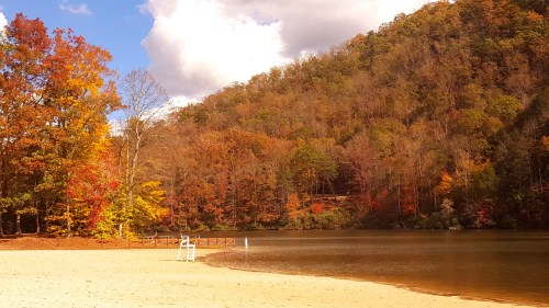 A serene lakeside scene with autumn foliage, sandy beach, and a backdrop of colorful trees and hills.